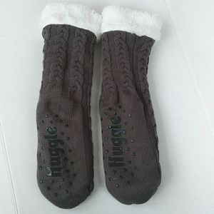 Huggle Slipper Socks Cable Knit Fleece Socks O/S Gray Grey